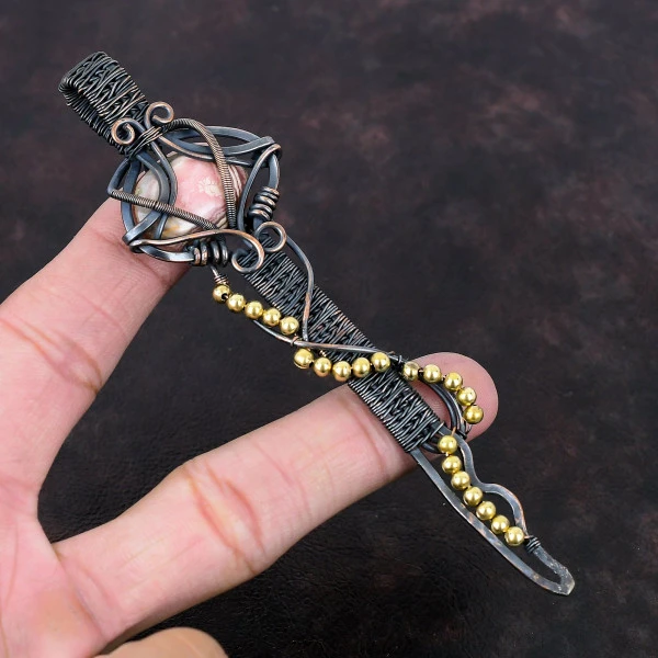 Rhodochrosite Oval Pink Handmade Copper Wire Wrapped Pendant