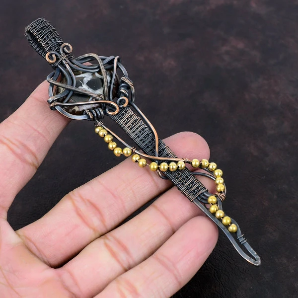 Moroccan Mud Crack Fossil Oval Black Handmade Copper Wire Wrapped Pendant