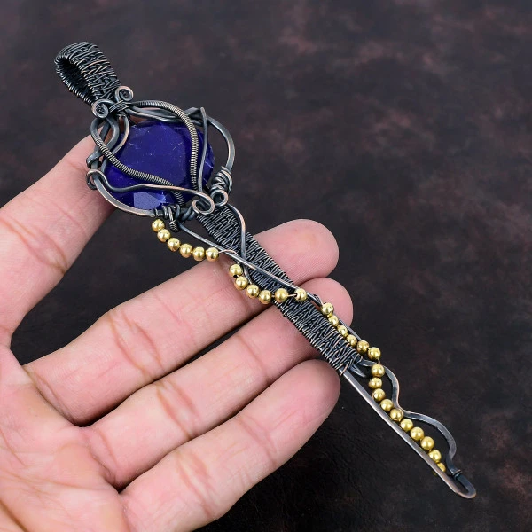 Blue Sapphire Oval Blue Handmade Copper Wire Wrapped Pendant