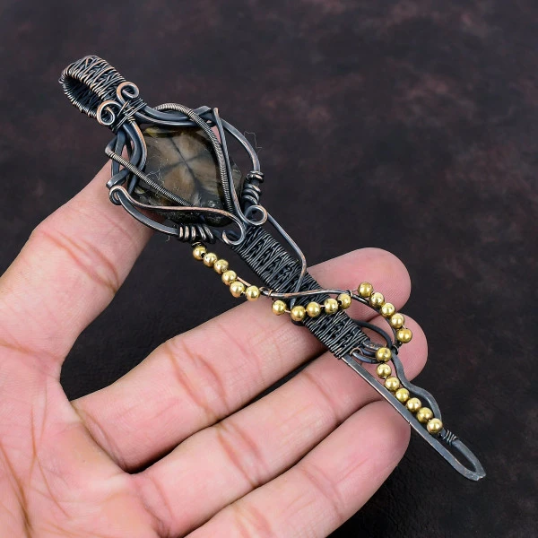 Chiastolite Oval Brown Handmade Copper Wire Wrapped Pendant