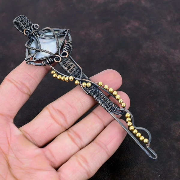Black Mother Of Pearl Oval Black Handmade Copper Wire Wrapped Pendant