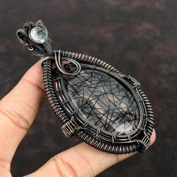 Black Rutile Oval Black Handmade Copper Wire Wrapped Pendant