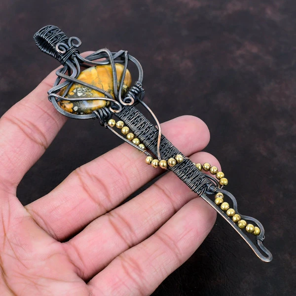 Maligano Jasper Oval Yellow Handmade Copper Wire Wrapped Pendant