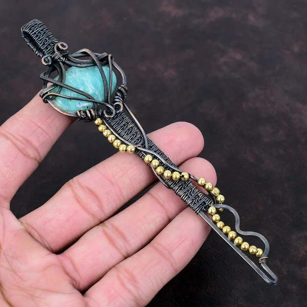 Amazonite Oval Green Handmade Copper Wire Wrapped Pendant