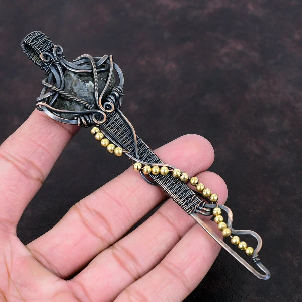 Larvikite Oval Black Handmade Copper Wire Wrapped Pendant