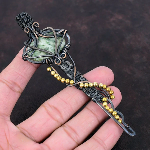 Tree Agate Oval Green Handmade Copper Wire Wrapped Pendant