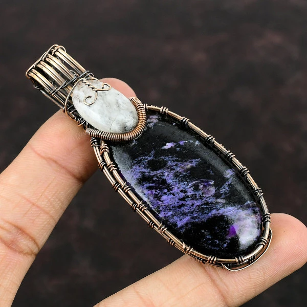 Charoite Oval Purple Handmade Copper Wire Wrapped Pendant