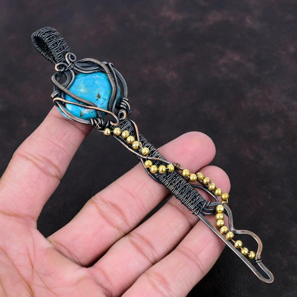 Tibetan Turquoise Oval Blue Handmade Copper Wire Wrapped Pendant
