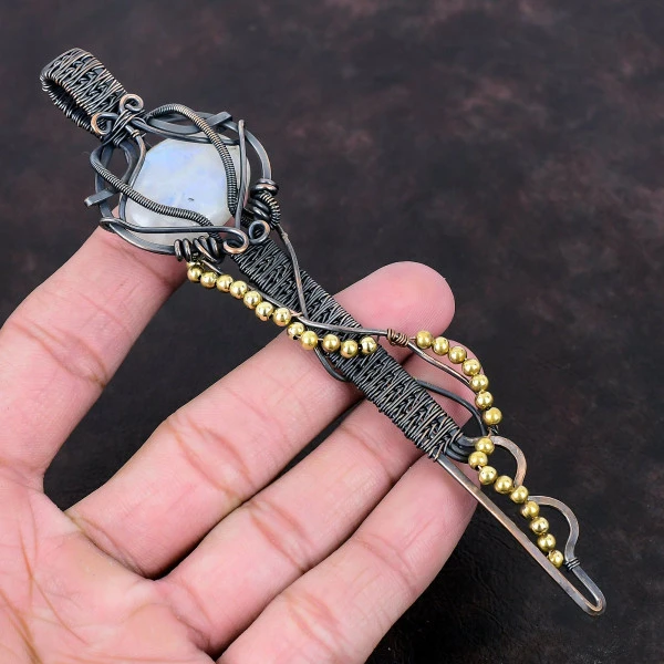 Rainbow Moonstone Oval White Handmade Copper Wire Wrapped Pendant