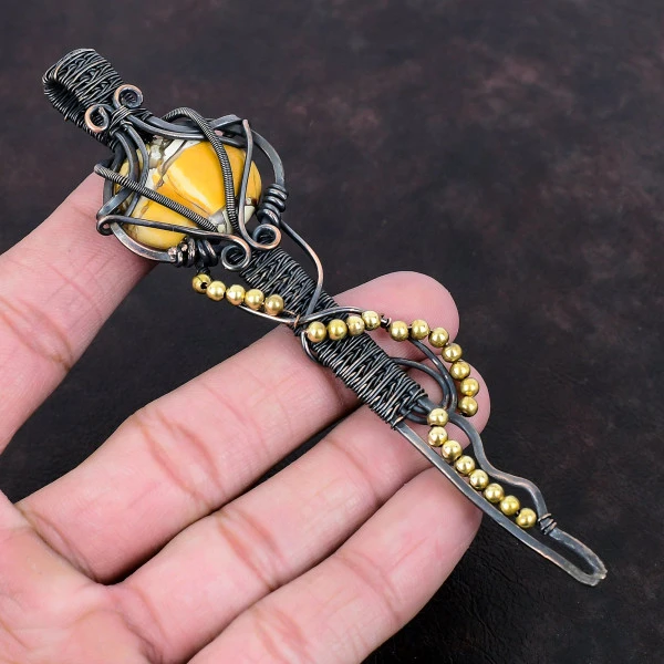 Brecciated Mookaite Oval Yellow Handmade Copper Wire Wrapped Pendant
