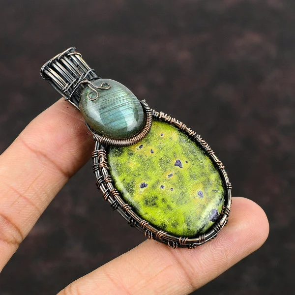 Stichtite Oval Green Handmade Copper Wire Wrapped Pendant