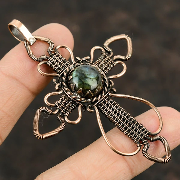 Labradorite Round Gray Handmade Copper Wire Wrapped Pendant