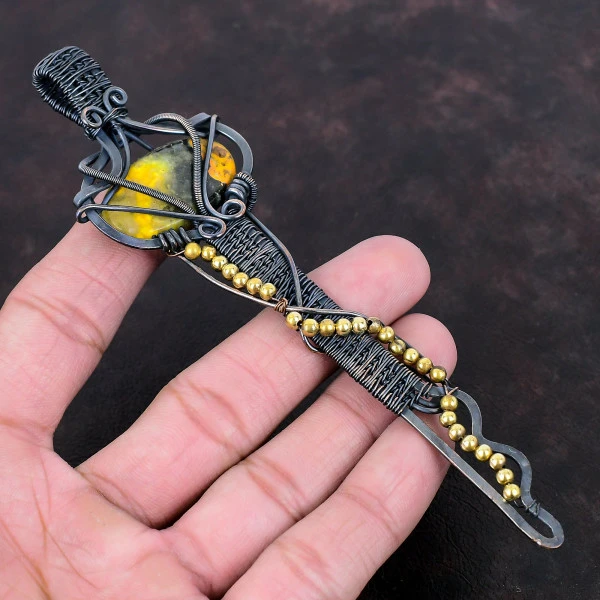 Bumble Bee Jasper Oval Yellow Handmade Copper Wire Wrapped Pendant