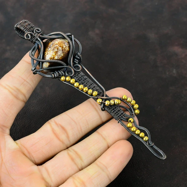 Cowrie Shell Pear Brown Handmade Copper Wire Wrapped Pendant