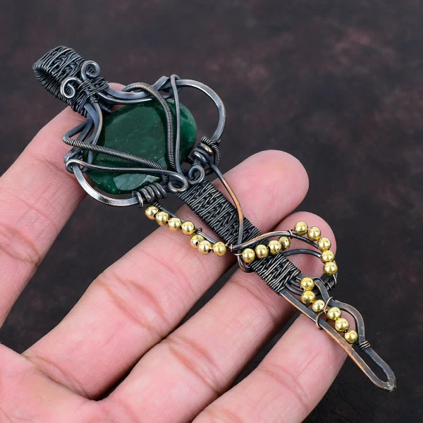 Zambian Emerald Oval Green Handmade Copper Wire Wrapped Pendant