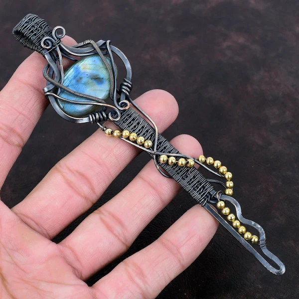 Labradorite Oval Gray Handmade Copper Wire Wrapped Pendant