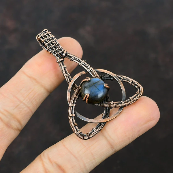 Labradorite Round Gray Handmade Copper Wire Wrapped Pendant