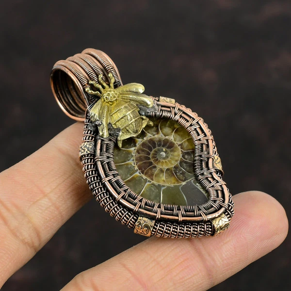 Ammonite Fossil Pear Brown Handmade Copper Wire Wrapped Pendant