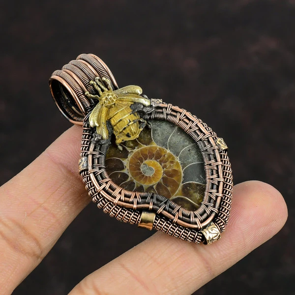 Ammonite Fossil Pear Brown Handmade Copper Wire Wrapped Pendant