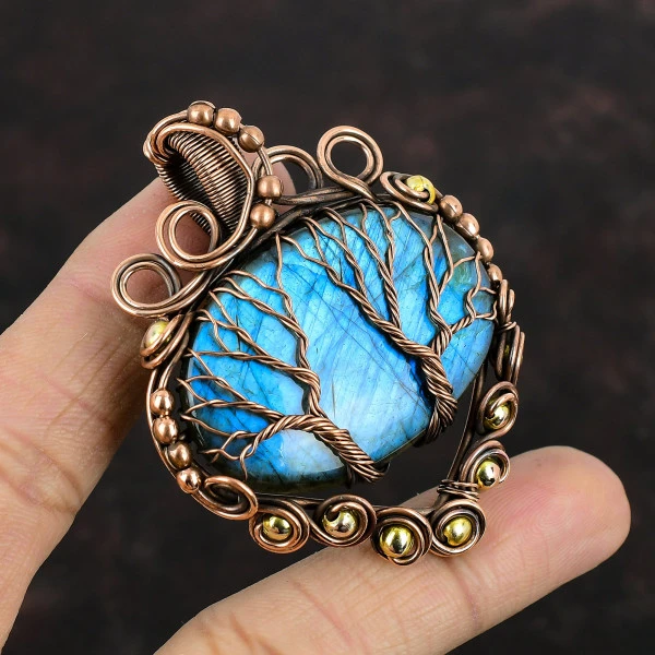 Labradorite Oval Gray Handmade Copper Wire Wrapped Pendant