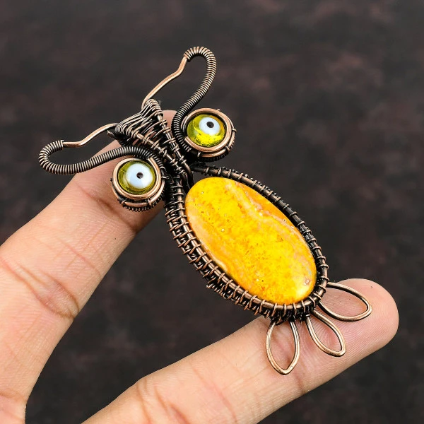 Bumble Bee Jasper Oval Yellow Handmade Copper Wire Wrapped Pendant
