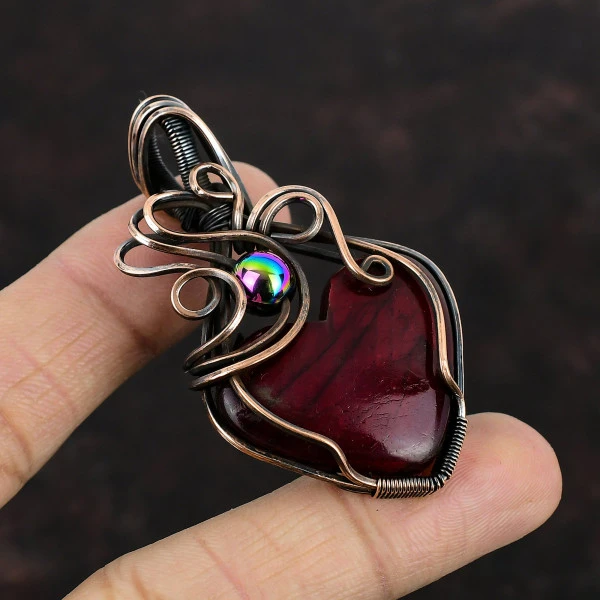 Red Fire Labradorite Heart Red Handmade Copper Wire Wrapped Pendant
