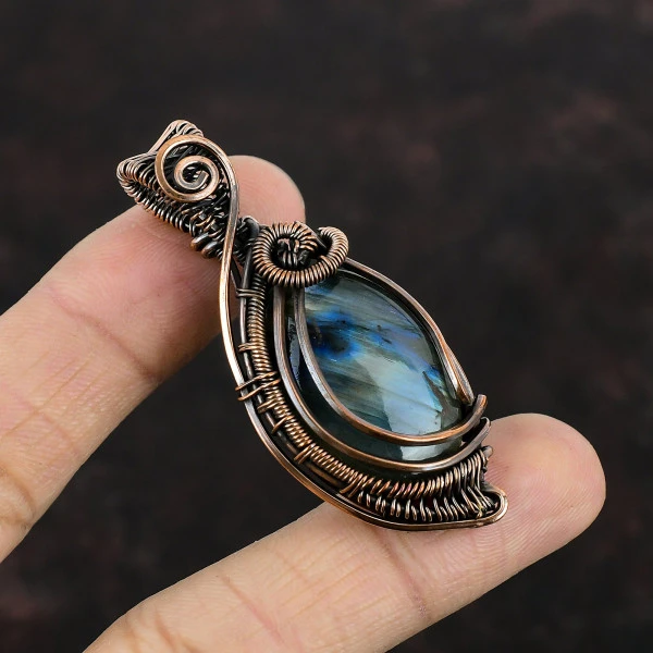Labradorite Oval Gray Handmade Copper Wire Wrapped Pendant