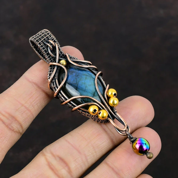 Labradorite Oval Gray Handmade Copper Wire Wrapped Pendant