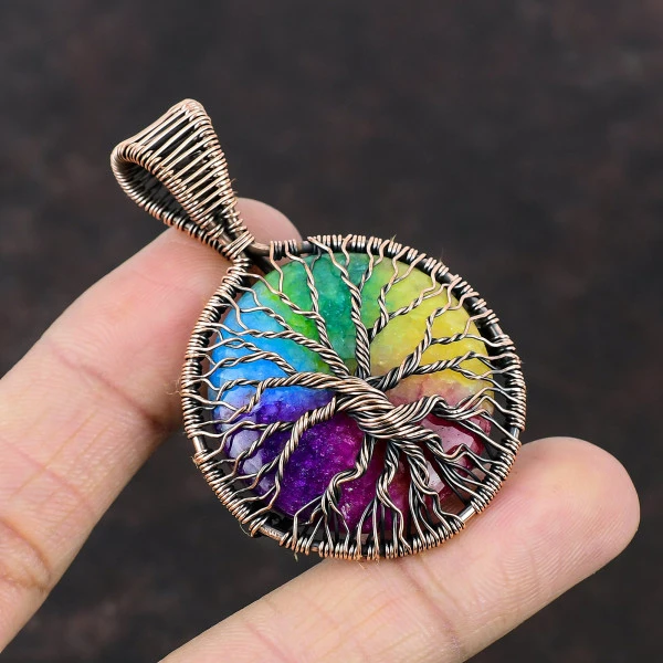 Rainbow Solar Quartz Druzy Round Yellow Handmade Copper Wire Wrapped Pendant