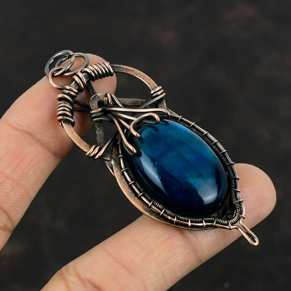 Neon Flash Labradorite Oval Blue Handmade Copper Wire Wrapped Pendant