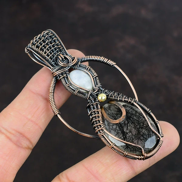 Black Rutile Oval Black Handmade Copper Wire Wrapped Pendant