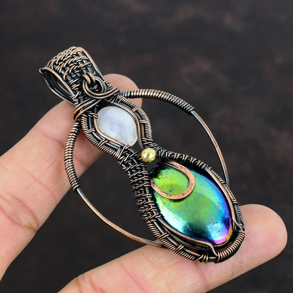 Mystic Fire Labradorite Oval Green Handmade Copper Wire Wrapped Pendant