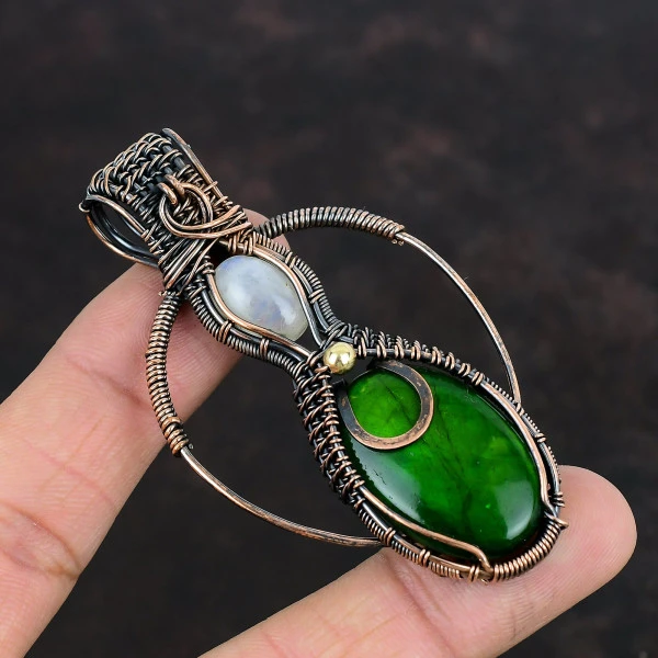 Green Fire Labradorite Oval Green Handmade Copper Wire Wrapped Pendant