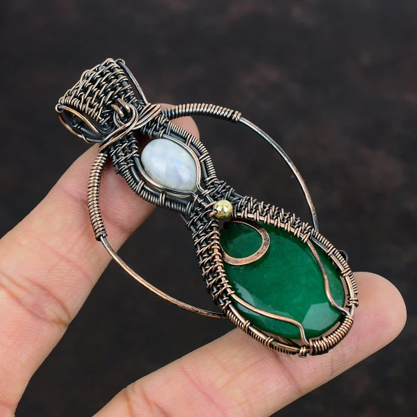 Zambian Emerald Oval Green Handmade Copper Wire Wrapped Pendant
