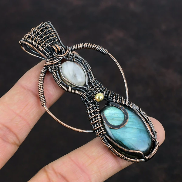 Labradorite Oval Gray Handmade Copper Wire Wrapped Pendant