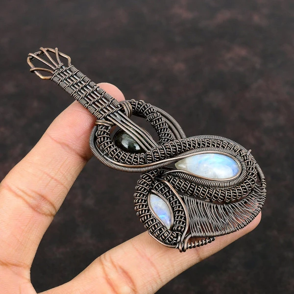 Rainbow Moonstone Pear White Handmade Copper Wire Wrapped Pendant