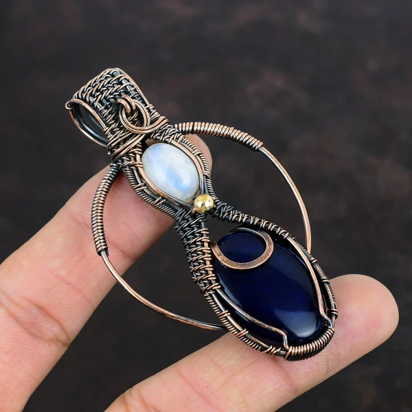 Blue Fire Labradorite Oval Blue Handmade Copper Wire Wrapped Pendant