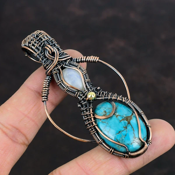Tibetan Turquoise Oval Blue Handmade Copper Wire Wrapped Pendant