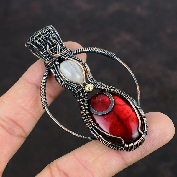 Red Fire Labradorite Oval Red Handmade Copper Wire Wrapped Pendant
