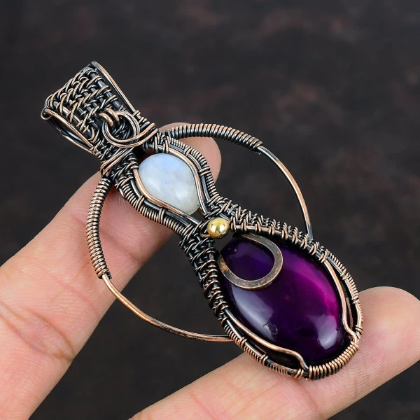 Purple Fire Labradorite Oval Purple Handmade Copper Wire Wrapped Pendant