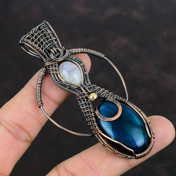 Neon Flash Labradorite Oval Blue Handmade Copper Wire Wrapped Pendant