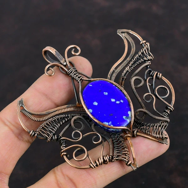 Lapis Lazuli Oval Blue Handmade Copper Wire Wrapped Pendant