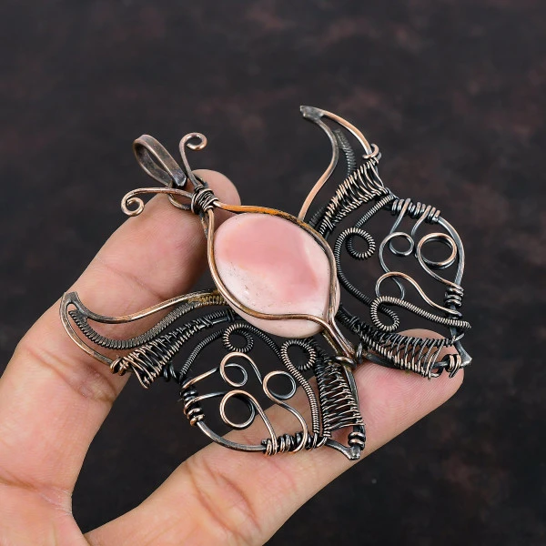 Pink Opal Oval Pink Handmade Copper Wire Wrapped Pendant