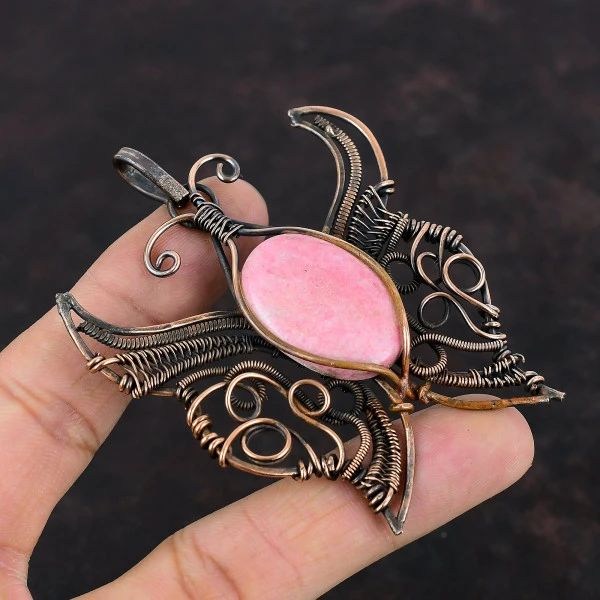 Thulite Oval Pink Handmade Copper Wire Wrapped Pendant