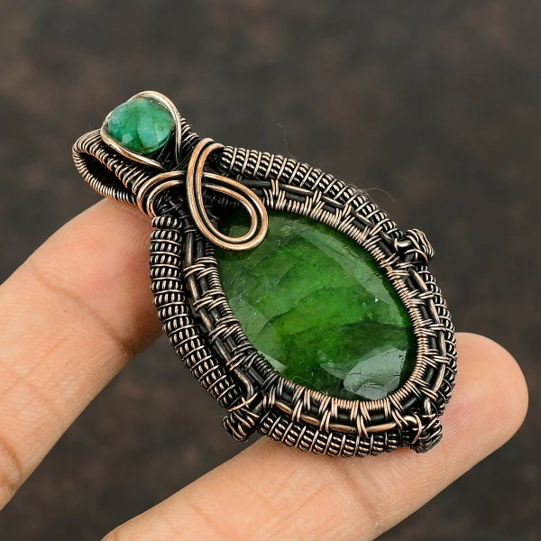 Zambian Emerald Oval Green Handmade Copper Wire Wrapped Pendant