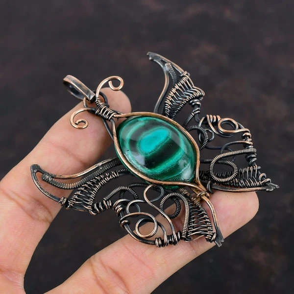 Malachite Oval Green Handmade Copper Wire Wrapped Pendant