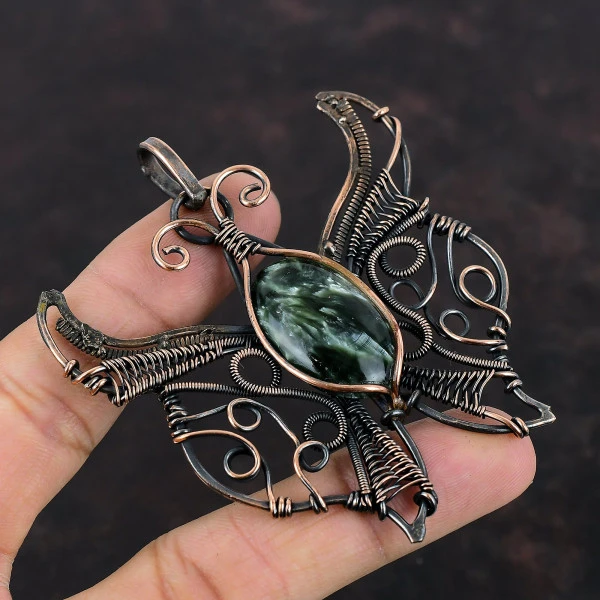 Seraphinite Oval Green Handmade Copper Wire Wrapped Pendant