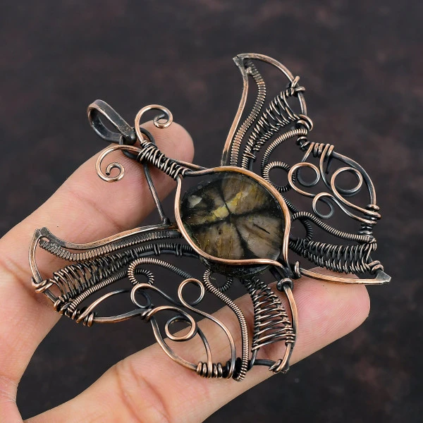 Chiastolite Round Brown Handmade Copper Wire Wrapped Pendant