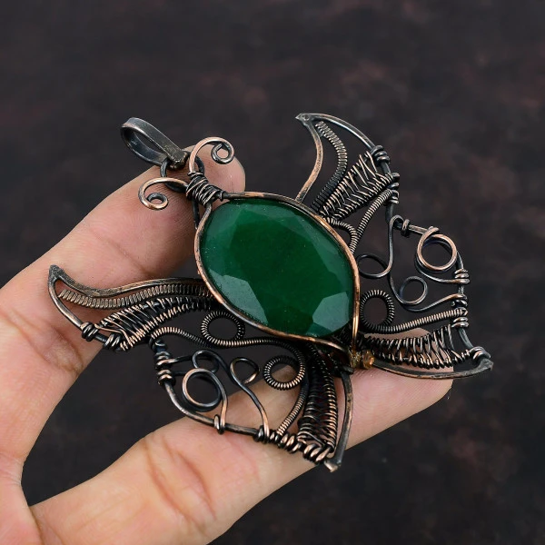 Zambian Emerald Oval Green Handmade Copper Wire Wrapped Pendant