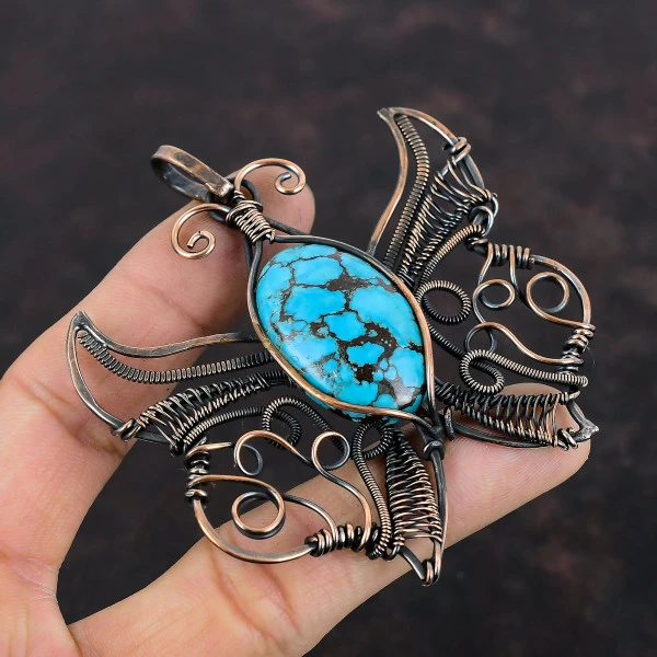 Tibetan Turquoise Oval Blue Handmade Copper Wire Wrapped Pendant